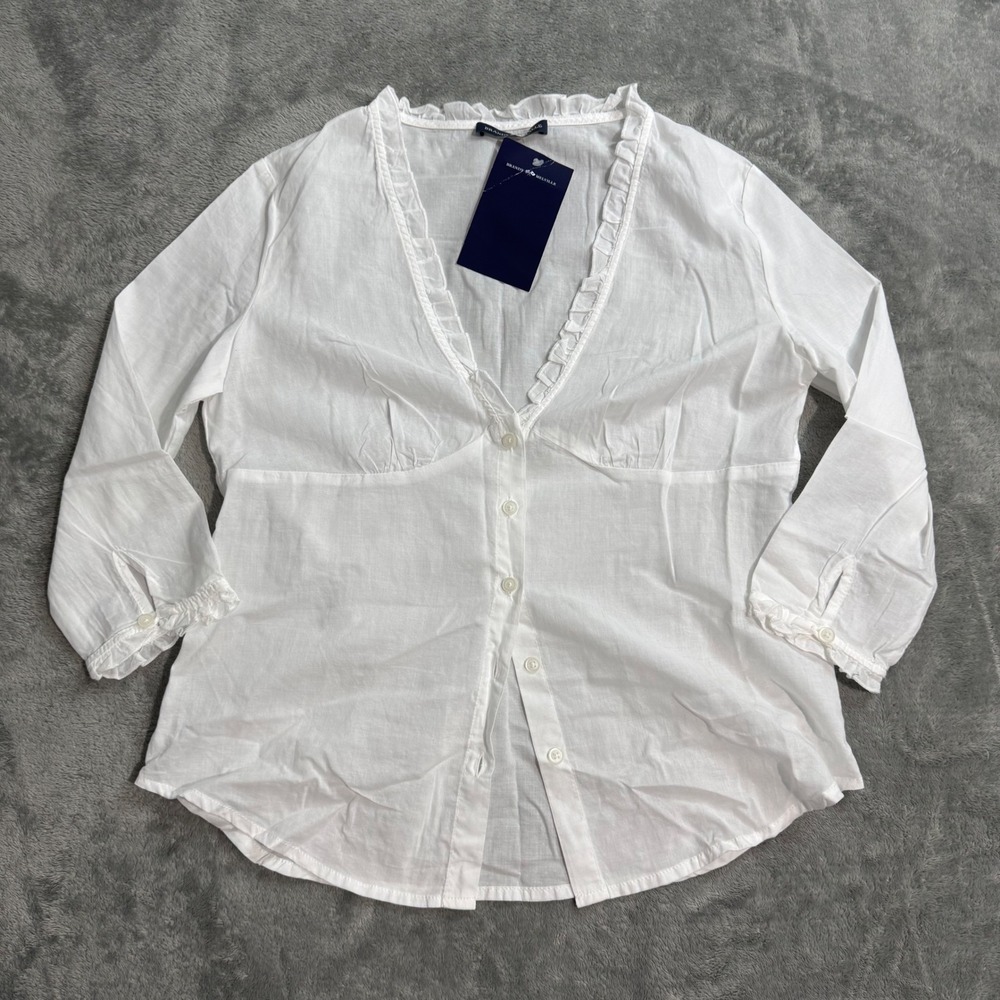 Brandy Melville White Cotton Ruffle V-Neck Button Down Blouse MH820S-Z316S NEW